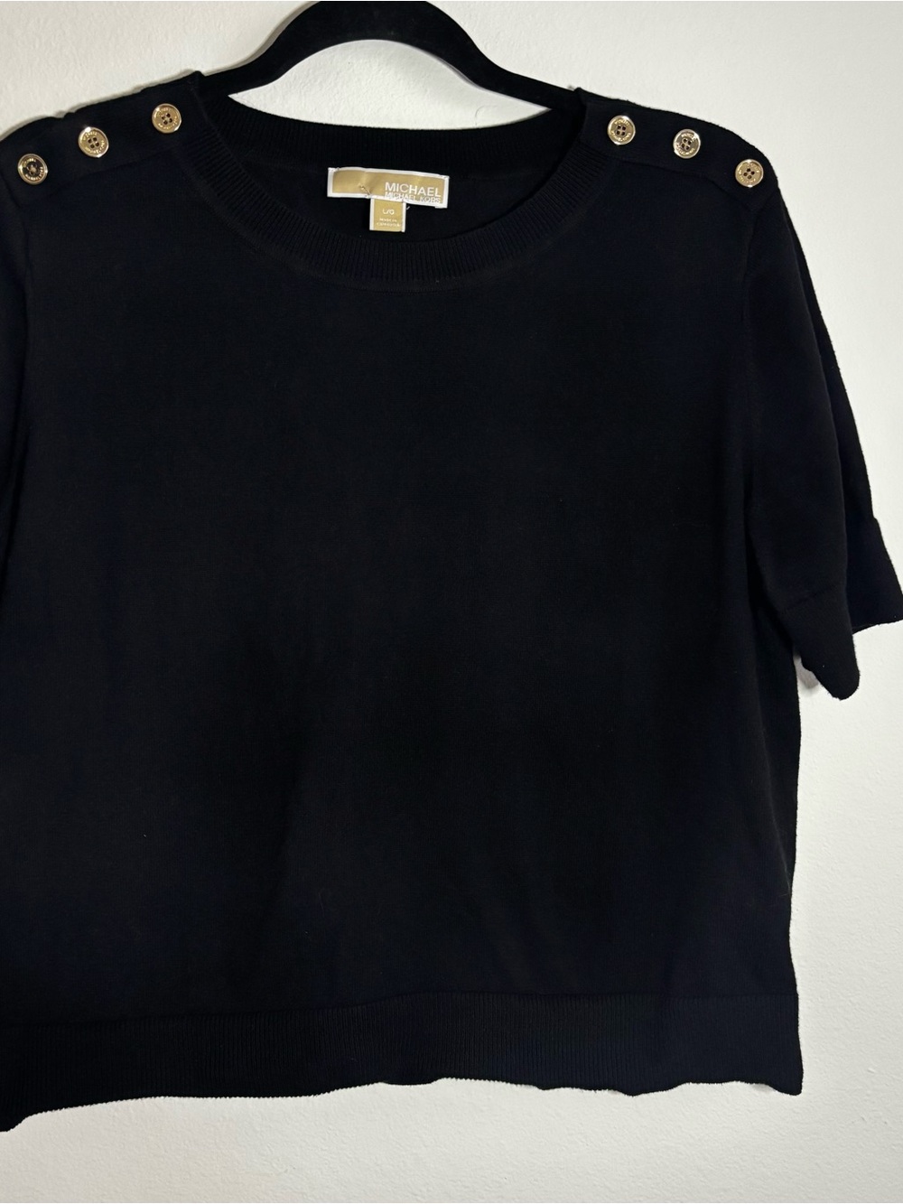 Michael Kors Black Short Sleeve Knit Top with Gold Shoulder Buttons